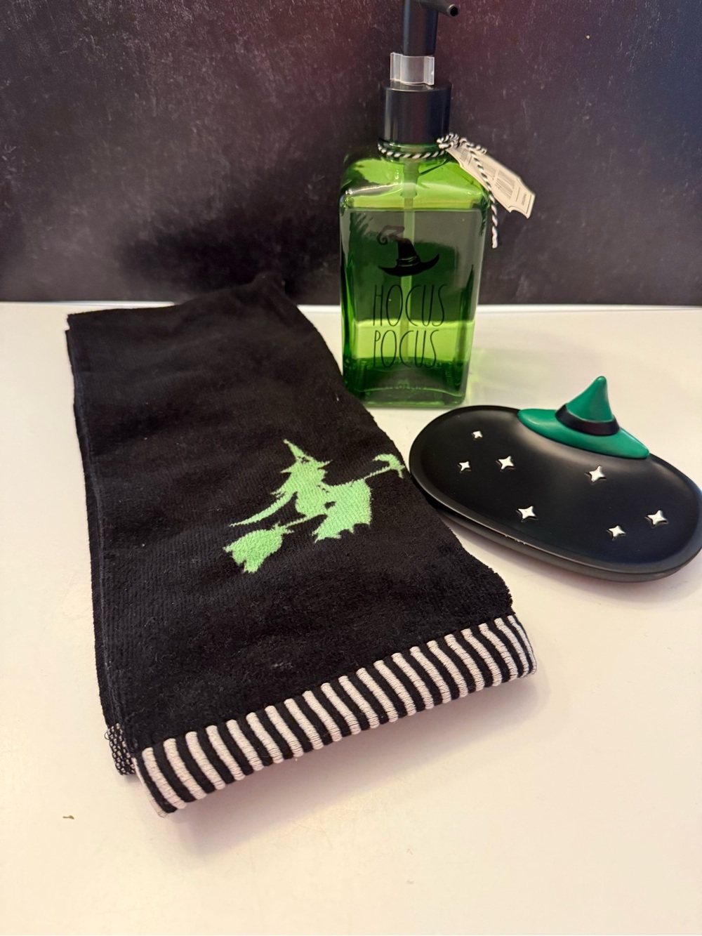 Hocus Pocus hand soap by Rae Dunn w/witch trinket dish and hand towel.